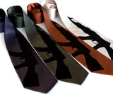 Automatic Weapon necktie. Black on charcoal, olive, cinnamon, champagne microfiber.