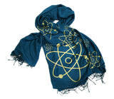 Atoms print scarf, gold on teal blue