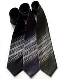 Bandolier ties: Dove grey on black, charcoal, olive.