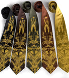 Hops and Wheat neckties. Mustard ink on black, dark brown, olive, med. brown, mustard