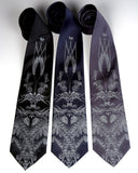 Hops and Wheat neckties. Dove gray ink on black, navy, charcoal