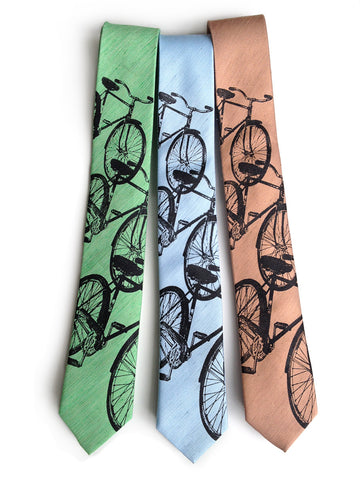 Bicycle Print Linen Necktie. Triple Cruiser Bike Tie