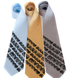 Bike Chain Stripe Neckties. Dark grey on sky blue, mustard, silver microfiber.