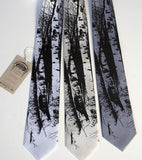 Aspen Trees Necktie. Black on white, cream, silver narrow ties