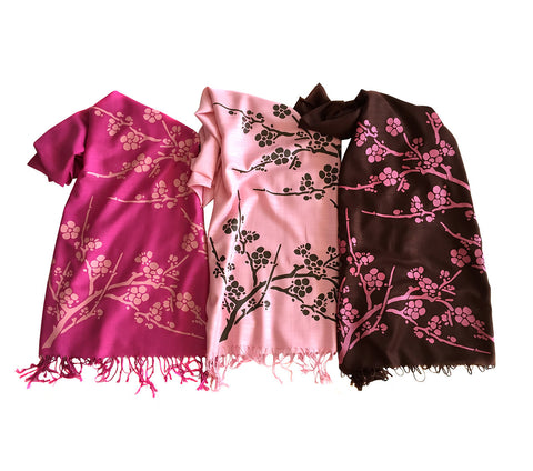 Cherry Blossom Scarf. Floral print linen-weave pashmina