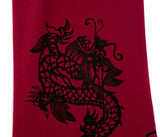 Black ink on raspberry red pima scarf.