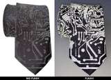 Circuit Board Necktie, Reflective Print on charcoal grey with camera flash, Cyberoptix