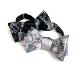 Game Controller bow tie: Dove grey on black, smoke ink on silver.