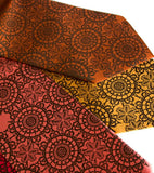 Chocolate brown ink on fuchsia, dark salmon, mustard, cinnamon microfiber.