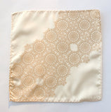 Screen printed lace pocket square. Warm cream on cream pocket square.