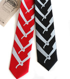 Cut Throat Necktie, silver on red, black skinny ties