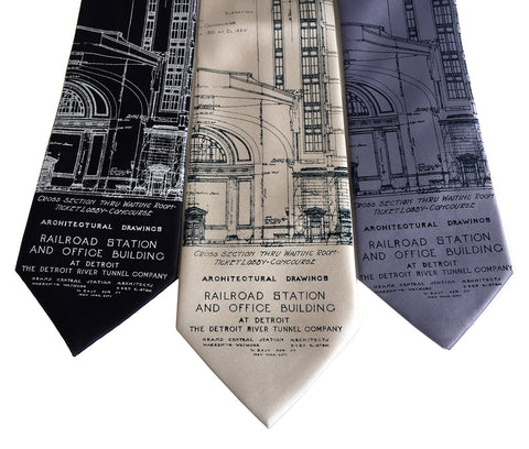 Blueprint Necktie: Detroit Train Station Silk Tie