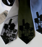 Water Towers Necktie. Black on silver, olive, periwinkle.
