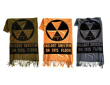 Fallout Shelter scarf: black on golden olive; mustard; charcoal.