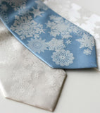 Snowflake Necktie. White ink on ivory, sky, white.