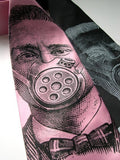 Gas Mask Necktie. Black ink on pink standard, silver on black.