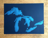 Blue Great Lakes silkscreen poster print, Cyberoptix