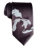Great Lakes Map Tie: Pale grey on charcoal.