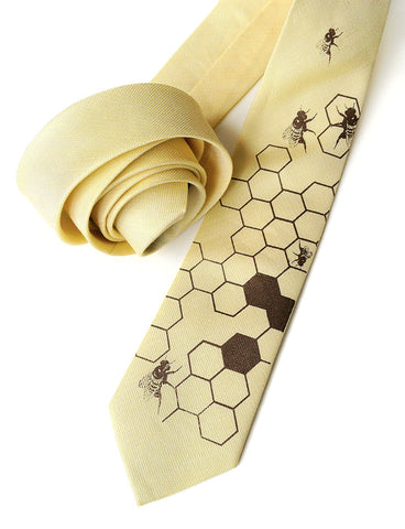 Honey Bee Linen Necktie. Honeycomb Print Tie