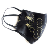 Honeybee Face Mask, Bees & Hive washable fabric face cover. Gold on black