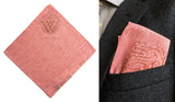 Initial Pocket square: "W" in dark salmon on coral pink linen.