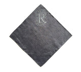 Initial Pocket square: letter "R" ice print on charcoal linen.