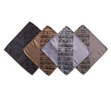 Lorem Ipsum pocket square: black on charcoal, mushroom; steel; dark silver.