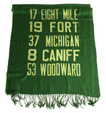 Forest green Detroit Bus Scroll scarf, apple-lime print.