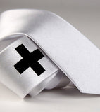  White medic necktie. Black on white skinny.