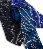 Milky Way Star Chart Necktie. Ice blue ink on french blue, navy, royal blue silk.