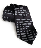 Morse Code tie: Dove ink on black.