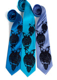 Owl print neckties. Navy ink on electric blue, turquoise and periwinkle ties