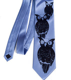 Owl Necktie. Navy ink on periwinkle microfiber