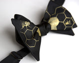 Honeybee Bow Tie. Gold print on black.
