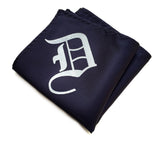 Old English D pocket square: white on navy blue.