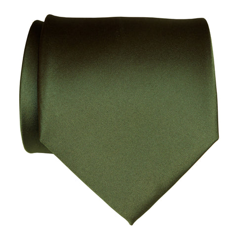Olive Green Necktie. Dark Green Solid Color Satin Finish Tie, No Print
