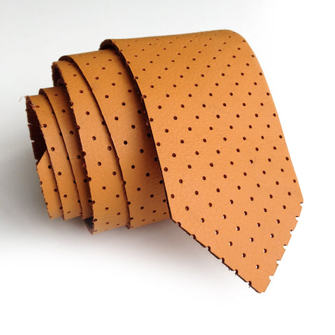Perforated Burnt Orange Leather Necktie, automotive leather tie