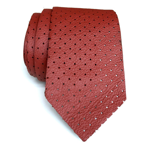 Perforated Oxblood Red Leather Necktie, automotive leather tie