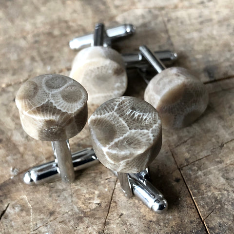 Petoskey Stone Cufflinks, fossil coral cufflinks