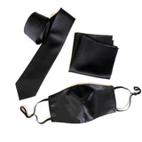 Black mask paired with black pocket square and narrow tie