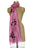  Black ink on pink silk scarf.