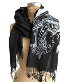 Queen of Spades Playing Card Scarf, silver on black. Linen-Weave Pashmina, by Cyberoptix