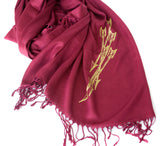  Gold ink on maroon pashmina.