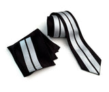 Racing Stripes pocket square + tie set: metallic silver on black.
