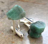 Raw Emerald Crystal Cufflinks, green beryl stone cufflinks