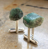 Raw Emerald Crystal Cufflinks, green beryl stone cufflinks