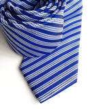 Blue striped linen + silk blend woven necktie.