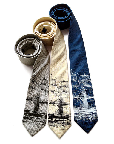 Clipper Ship Necktie. Sailing Ship Herringbone Silk Tie