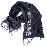 White ink on charcoal light pashmina scarf.