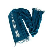  White ink on teal blue light pashmina scarf.